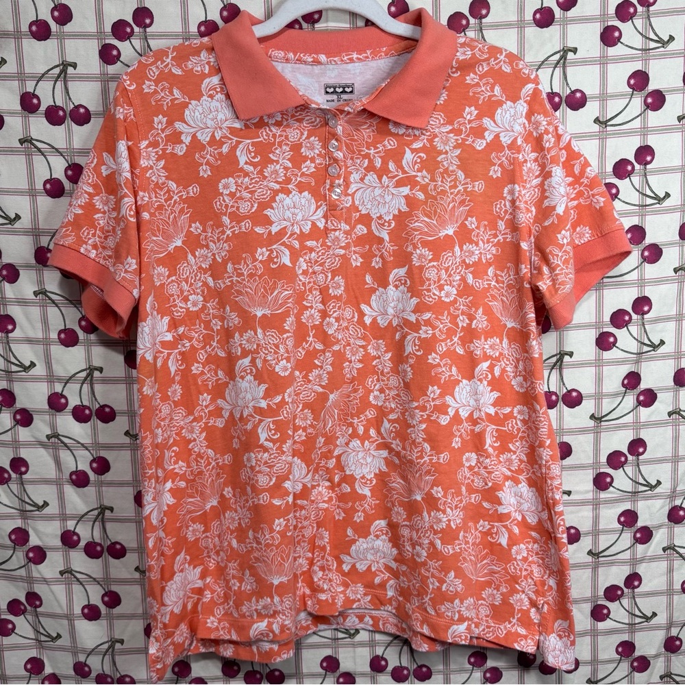 American Sweetheart Bright Orange Floral Pattern Polo Top